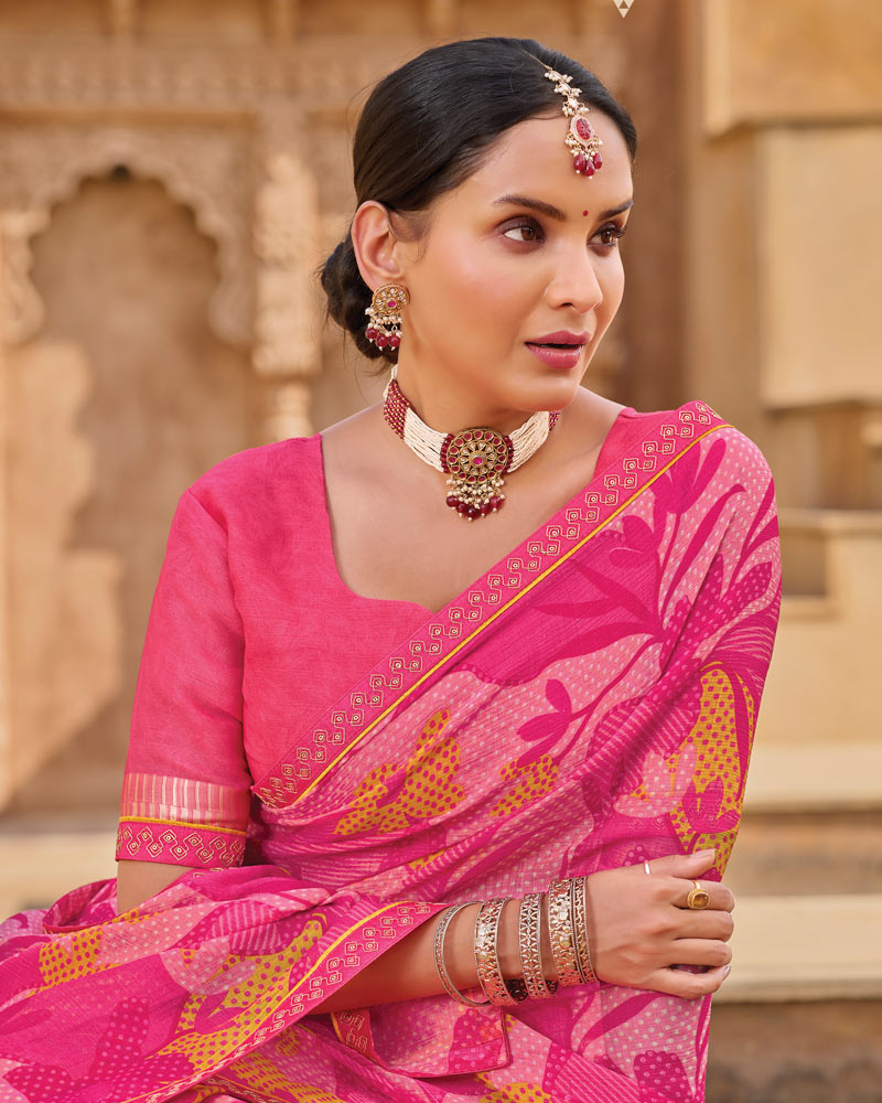 Vishal Prints Bright Pink Printed Chiffon Saree With Fancy Embroidery Border