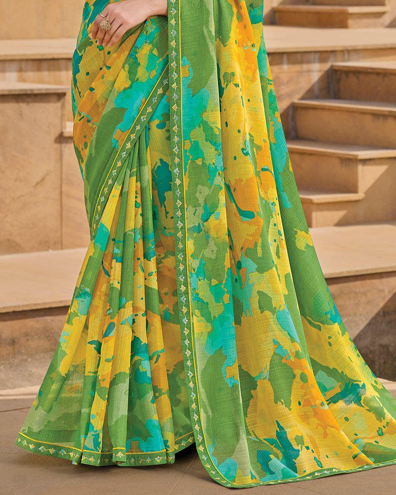 Vishal Prints Green Printed Chiffon Saree With Fancy Embroidery Border