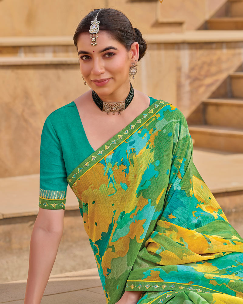 Vishal Prints Green Printed Chiffon Saree With Fancy Embroidery Border