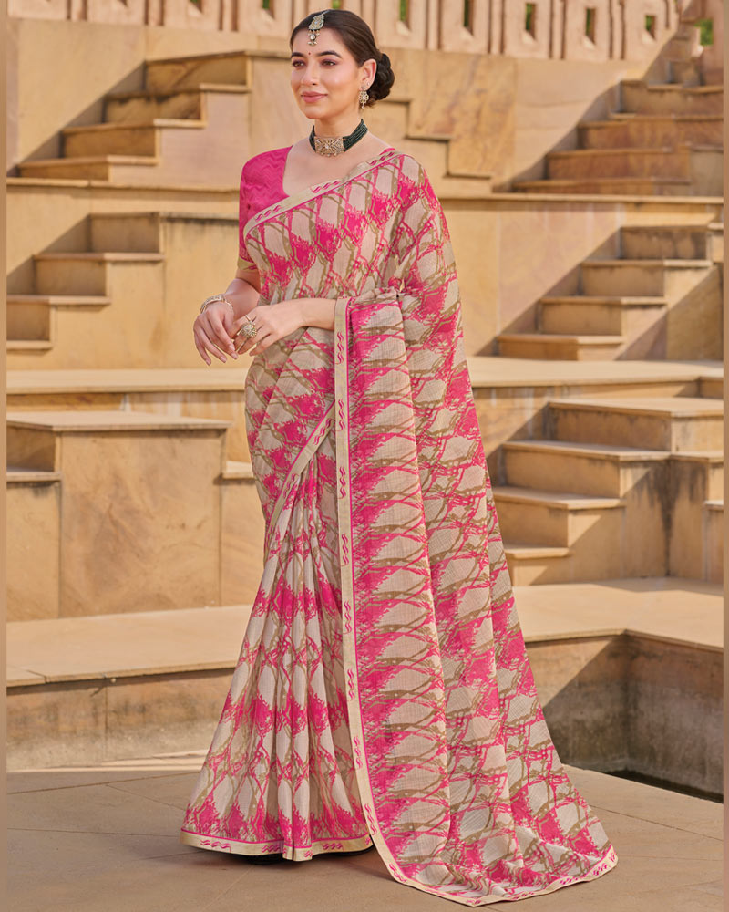 Vishal Prints Beige Pink Printed Chiffon Saree With Fancy Embroidery Border