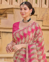 Vishal Prints Beige Pink Printed Chiffon Saree With Fancy Embroidery Border
