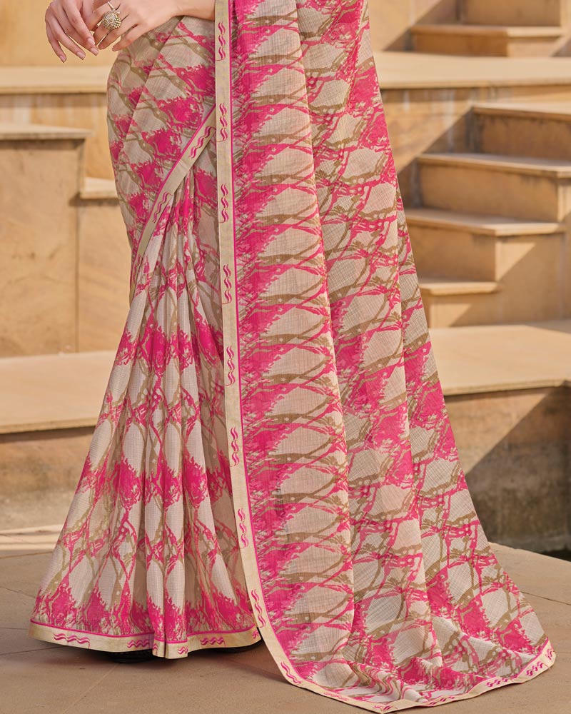 Vishal Prints Beige Pink Printed Chiffon Saree With Fancy Embroidery Border
