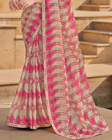 Vishal Prints Beige Pink Printed Chiffon Saree With Fancy Embroidery Border