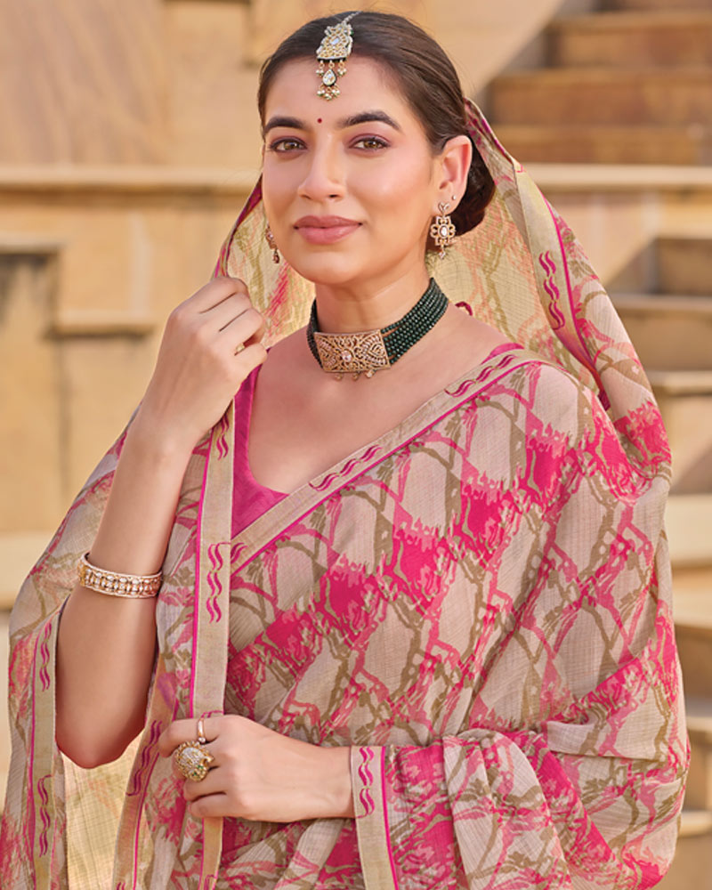 Vishal Prints Beige Pink Printed Chiffon Saree With Fancy Embroidery Border