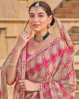 Vishal Prints Beige Pink Printed Chiffon Saree With Fancy Embroidery Border