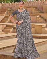 Vishal Prints Light Grey Printed Chiffon Saree With Fancy Embroidery Border