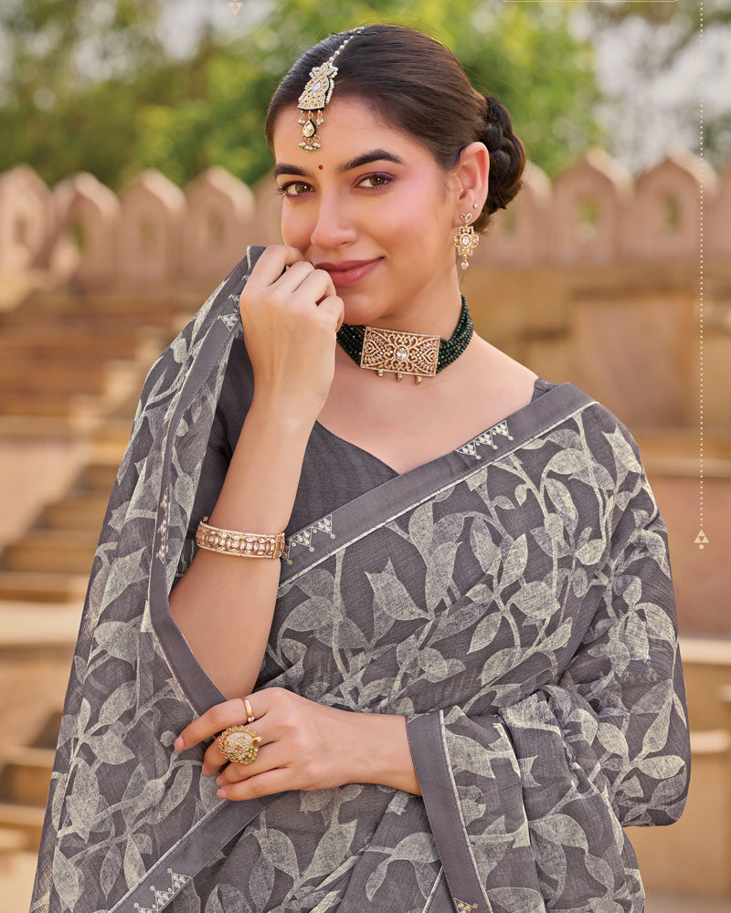 Vishal Prints Light Grey Printed Chiffon Saree With Fancy Embroidery Border