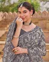 Vishal Prints Light Grey Printed Chiffon Saree With Fancy Embroidery Border