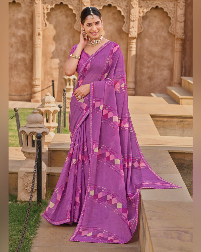 Vishal Prints Magenta Pink Printed Chiffon Saree With Fancy Embroidery Border