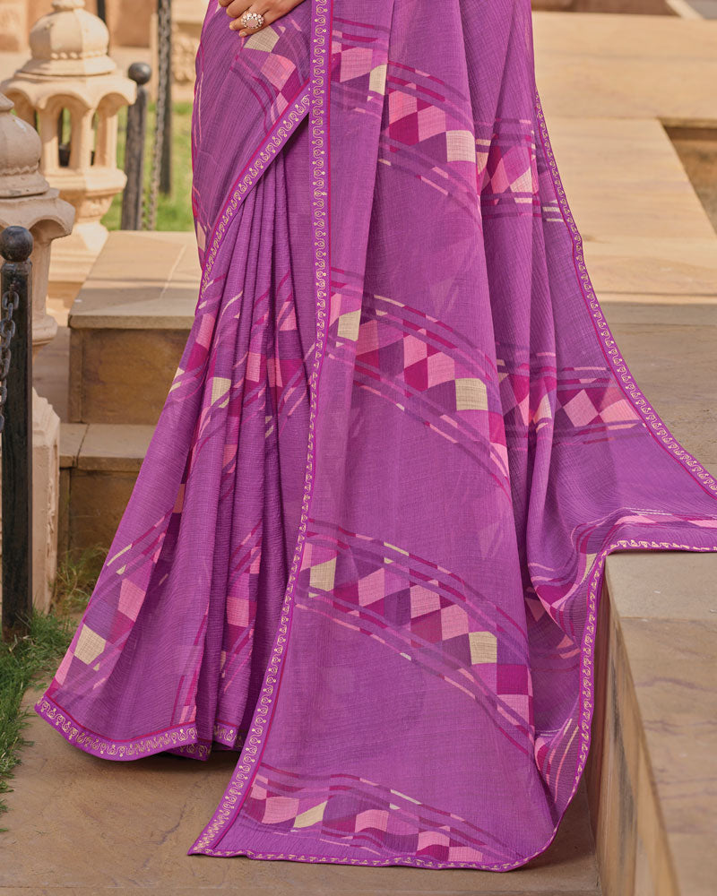 Vishal Prints Magenta Pink Printed Chiffon Saree With Fancy Embroidery Border