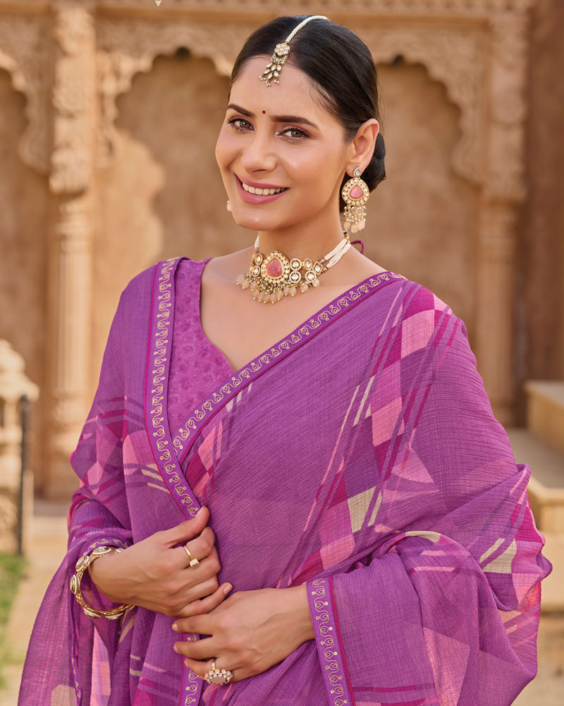 Vishal Prints Magenta Pink Printed Chiffon Saree With Fancy Embroidery Border