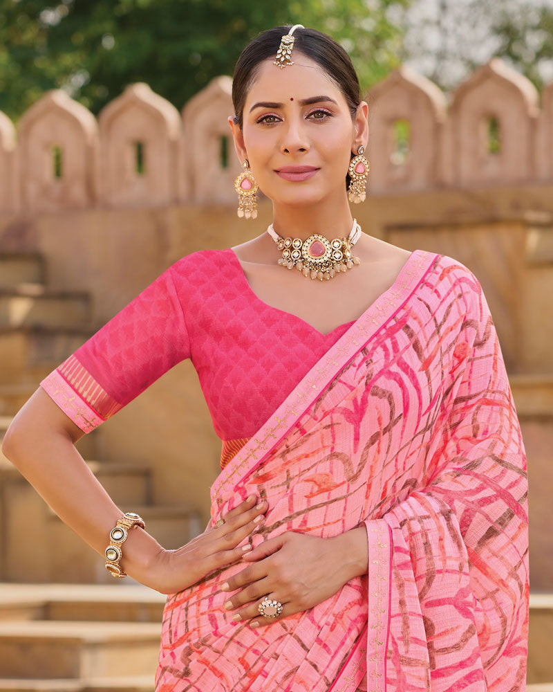 Vishal Prints Baby Pink Printed Chiffon Saree With Fancy Embroidery Border