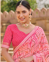 Vishal Prints Baby Pink Printed Chiffon Saree With Fancy Embroidery Border