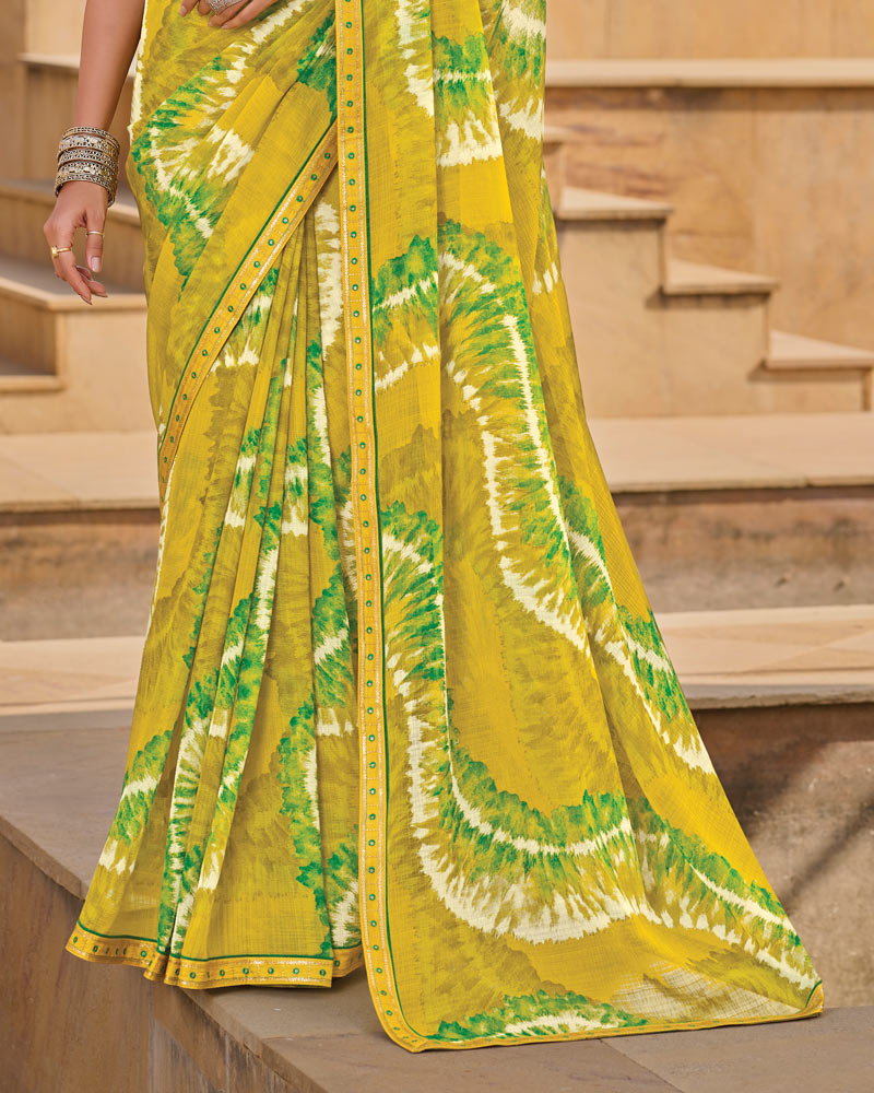 Vishal Prints Light Yellow Printed Chiffon Saree With Fancy Embroidery Border