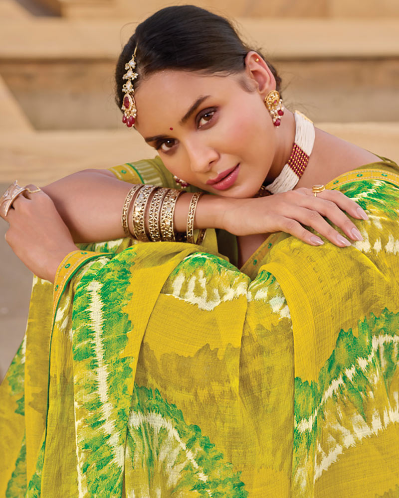 Vishal Prints Light Yellow Printed Chiffon Saree With Fancy Embroidery Border