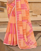 Vishal Prints Pale Orange Printed Chiffon Saree With Fancy Embroidery Border