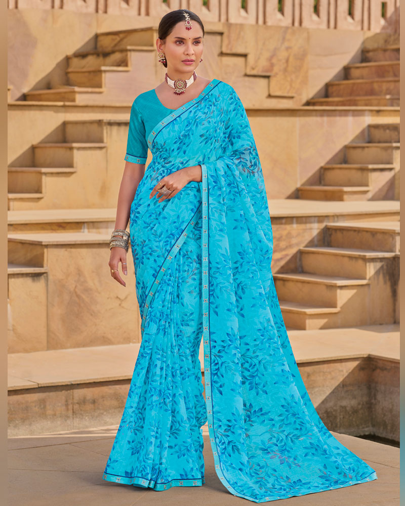 Vishal Prints Bright Blue Printed Chiffon Saree With Fancy Embroidery Border