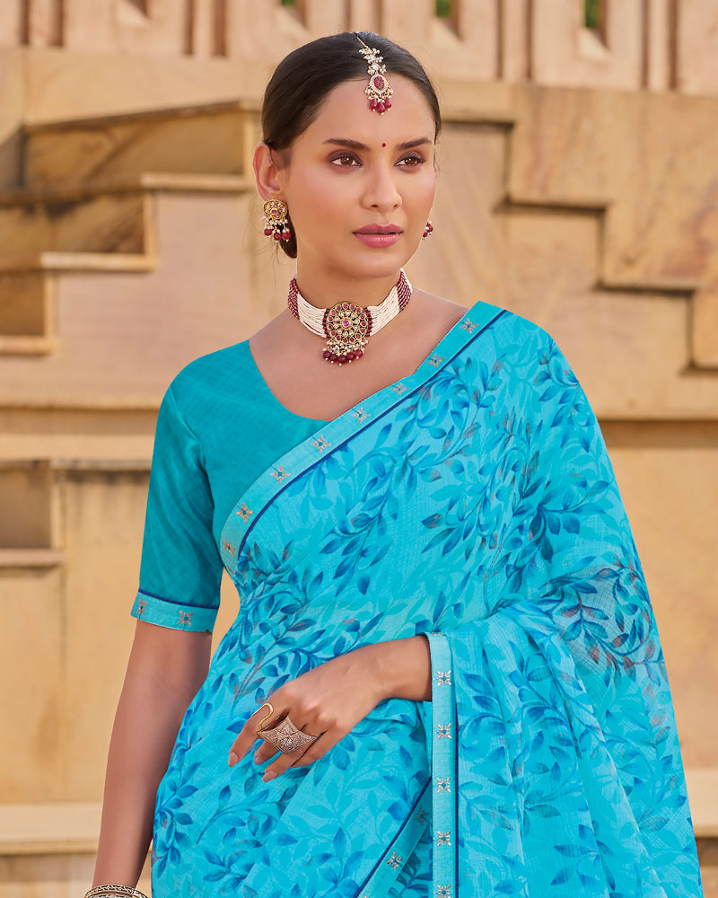 Vishal Prints Bright Blue Printed Chiffon Saree With Fancy Embroidery Border