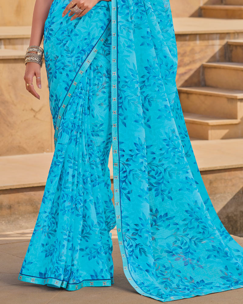 Vishal Prints Bright Blue Printed Chiffon Saree With Fancy Embroidery Border