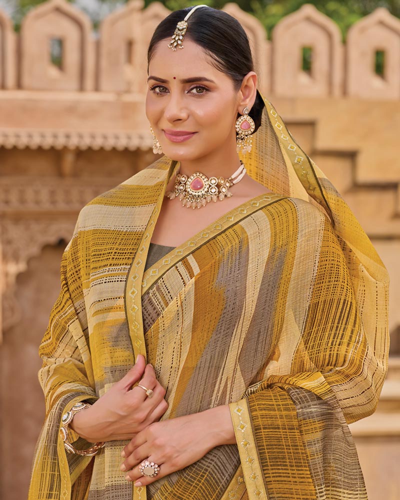 Vishal Prints Wheat Printed Chiffon Saree With Fancy Embroidery Border