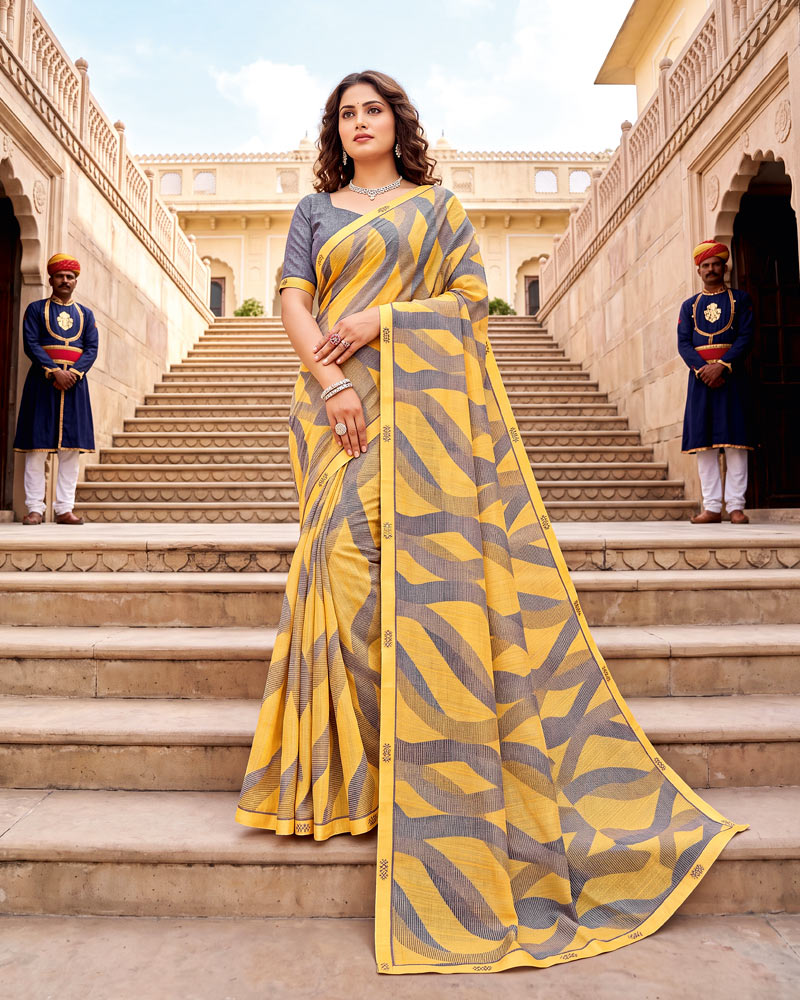Vishal Prints Light Yellow Printed Fancy Chiffon Saree With Border