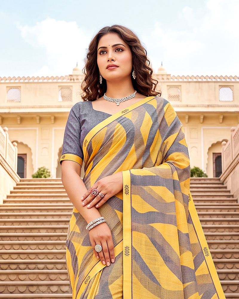 Vishal Prints Light Yellow Printed Fancy Chiffon Saree With Border