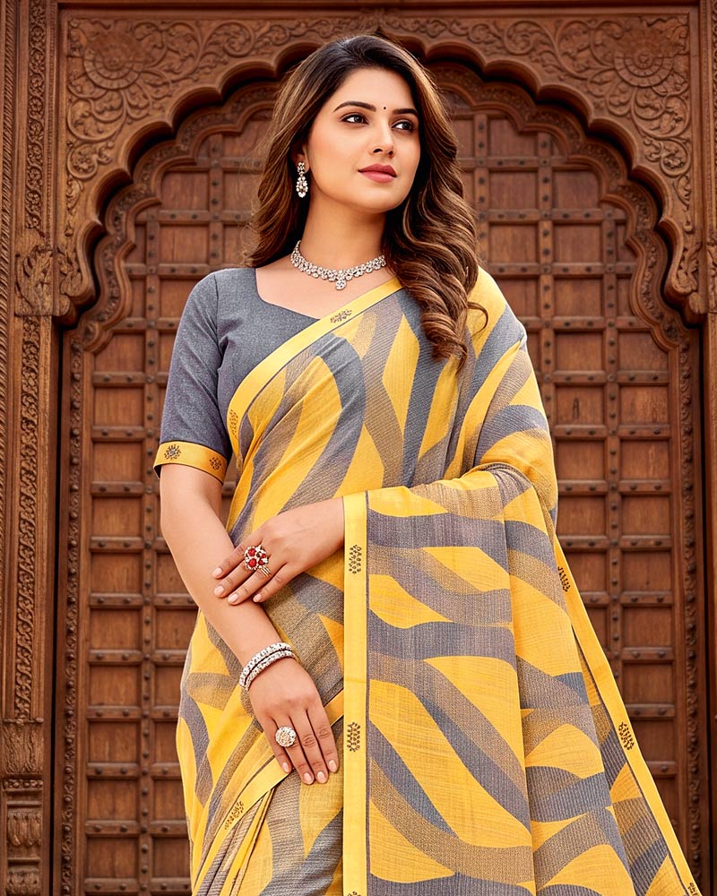 Vishal Prints Light Yellow Printed Fancy Chiffon Saree With Border