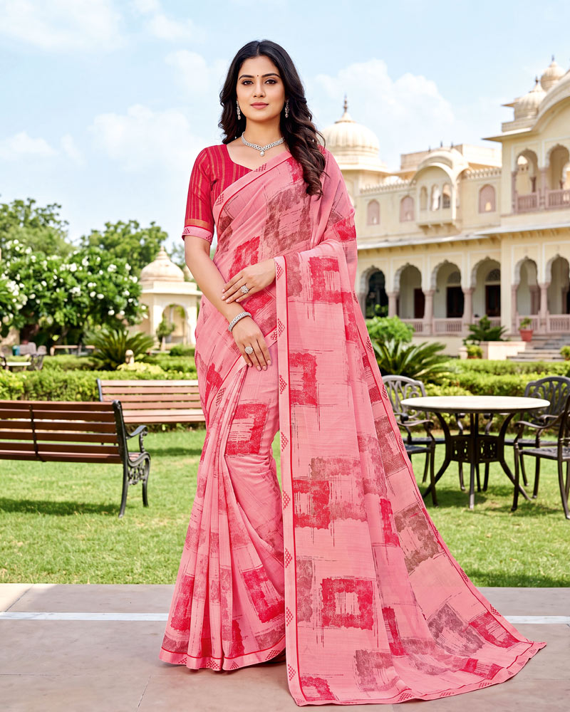 Vishal Prints Light Baby Pink Printed Fancy Chiffon Saree With Border