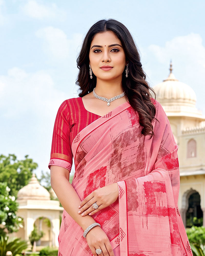 Vishal Prints Light Baby Pink Printed Fancy Chiffon Saree With Border