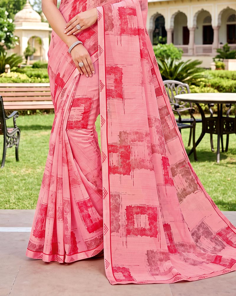 Vishal Prints Light Baby Pink Printed Fancy Chiffon Saree With Border