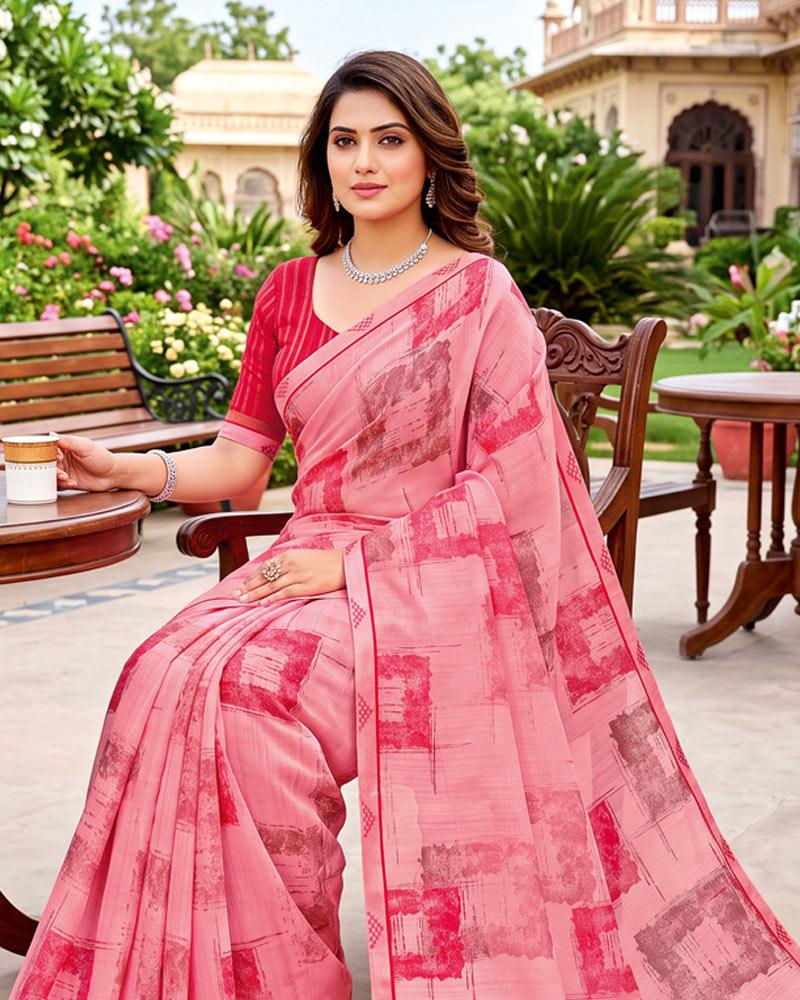 Vishal Prints Light Baby Pink Printed Fancy Chiffon Saree With Border