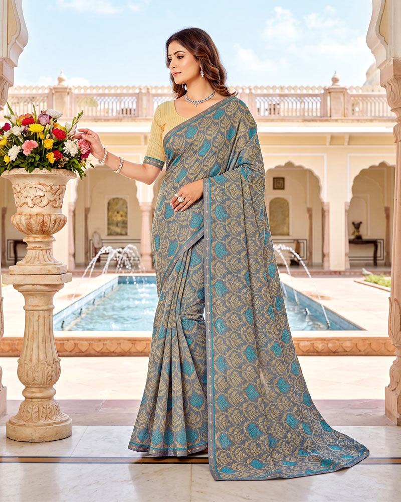 Vishal Prints Grey Printed Fancy Chiffon Saree With Border