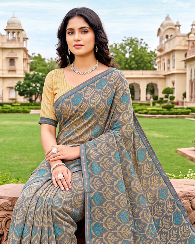 Vishal Prints Grey Printed Fancy Chiffon Saree With Border