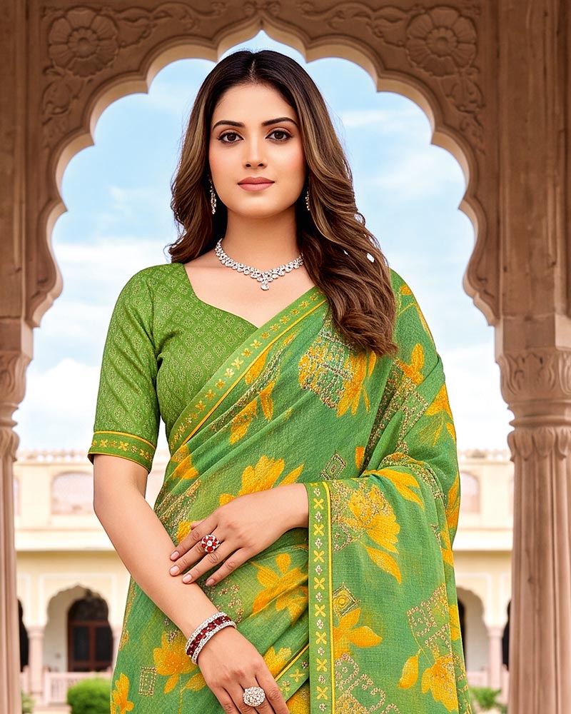 Vishal Prints Bright Green Printed Fancy Chiffon Saree With Border