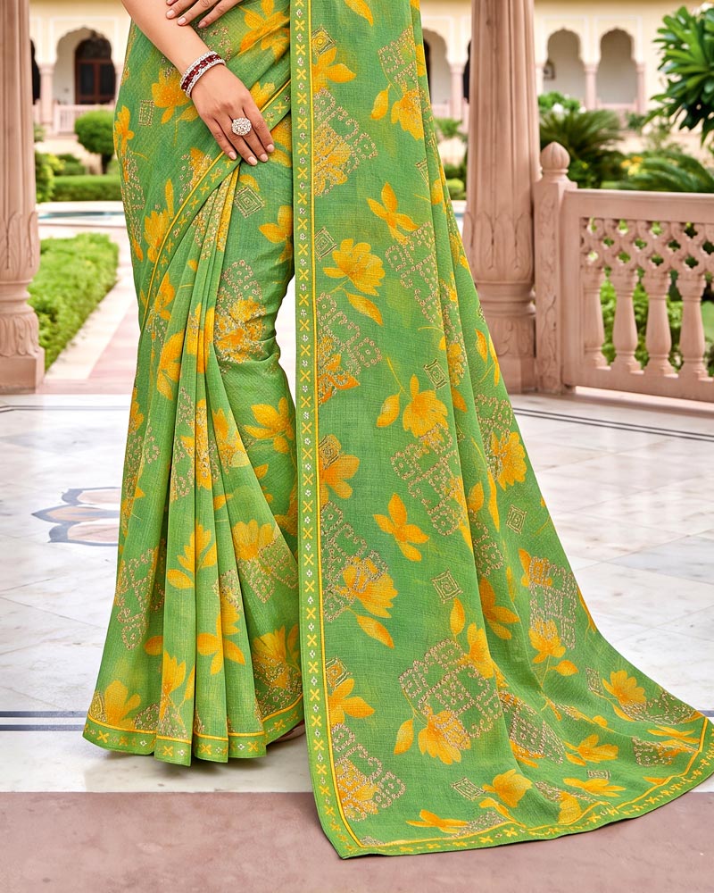 Vishal Prints Bright Green Printed Fancy Chiffon Saree With Border