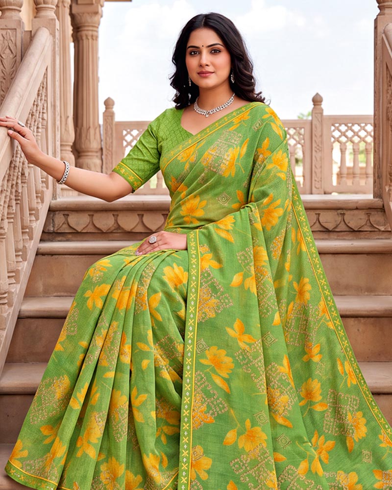 Vishal Prints Bright Green Printed Fancy Chiffon Saree With Border