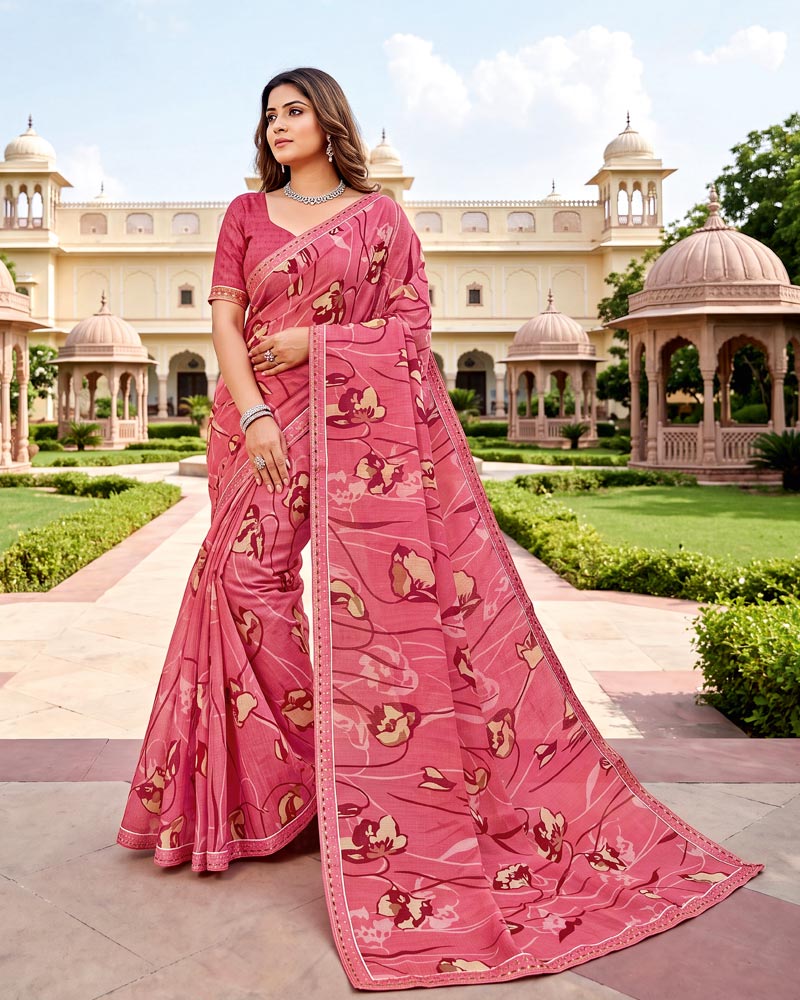 Vishal Prints Deep Pink Printed Fancy Chiffon Saree With Border