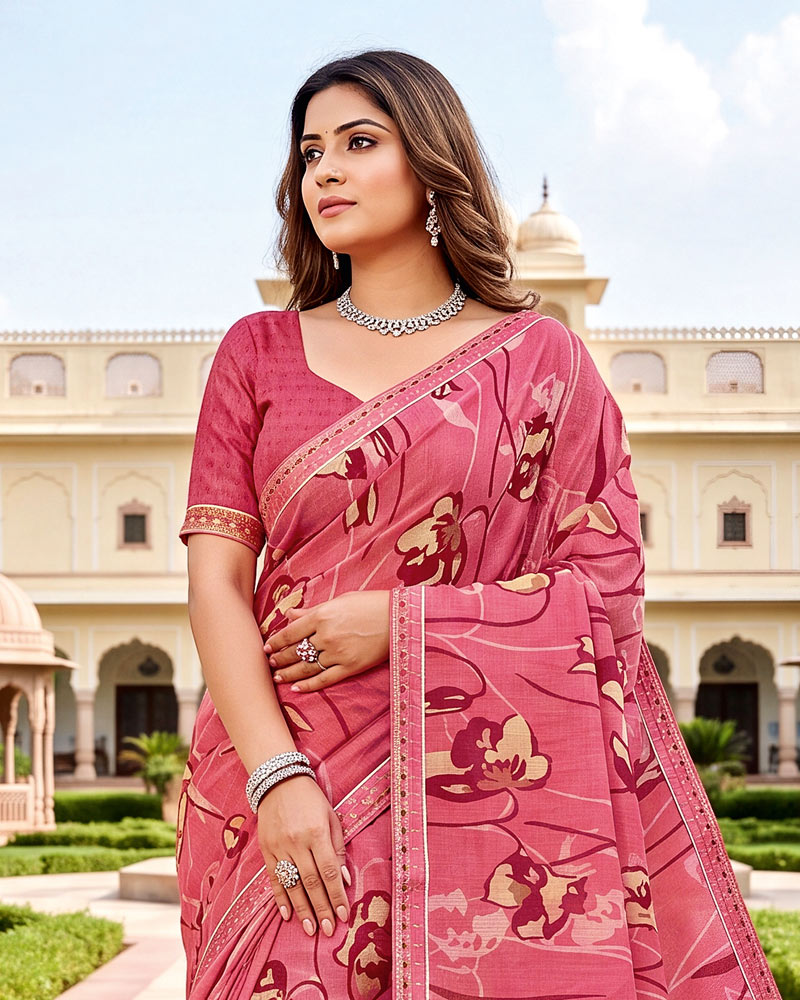 Vishal Prints Deep Pink Printed Fancy Chiffon Saree With Border