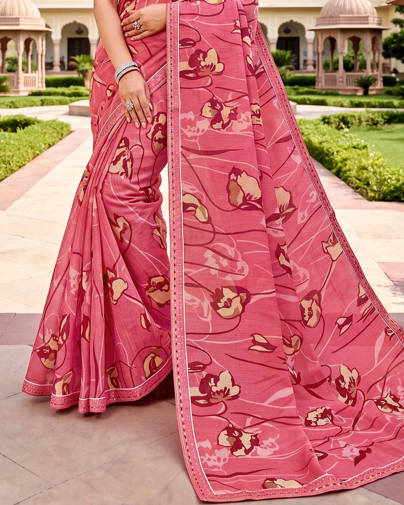 Vishal Prints Deep Pink Printed Fancy Chiffon Saree With Border