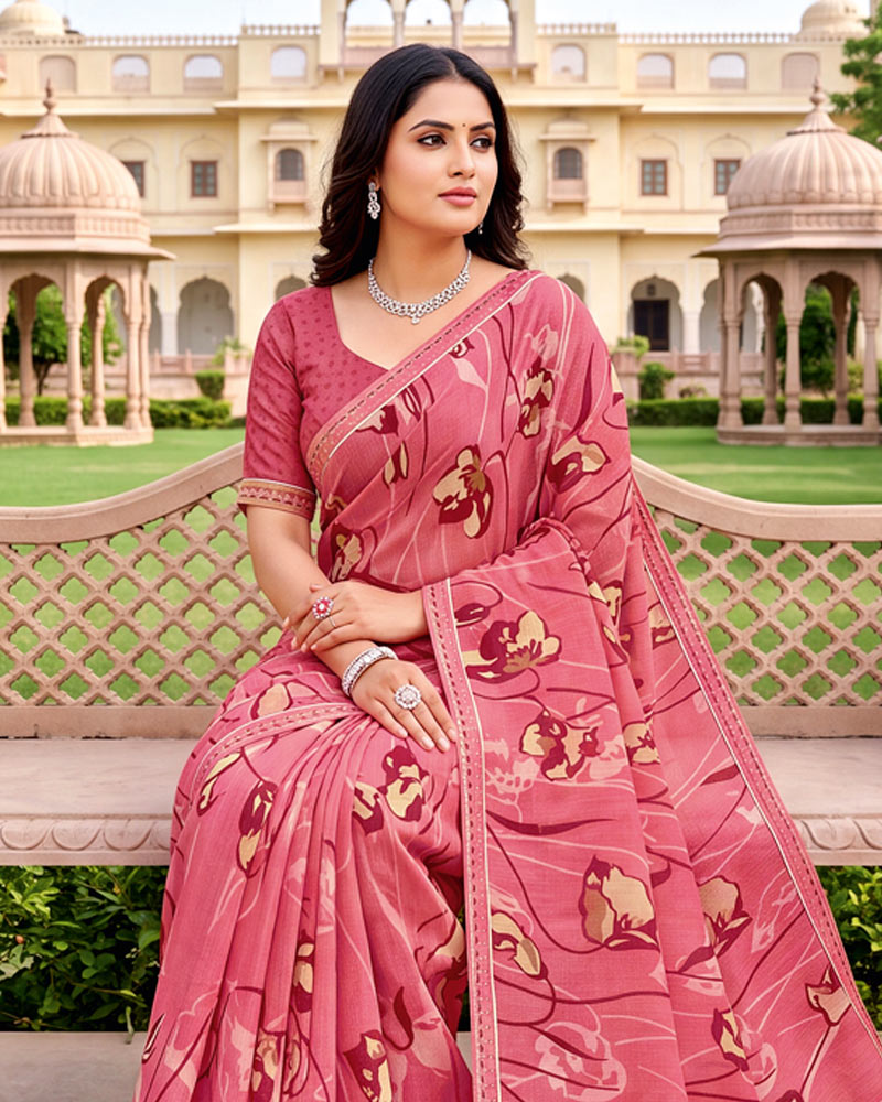 Vishal Prints Deep Pink Printed Fancy Chiffon Saree With Border