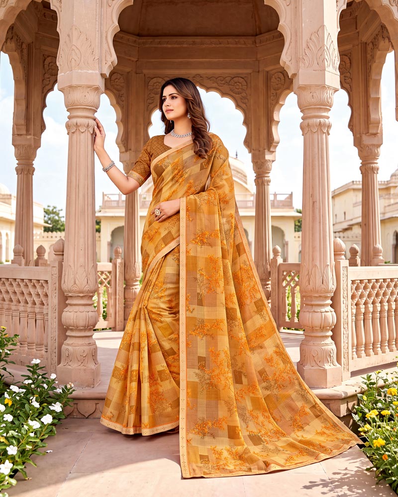 Vishal Prints Light Mustard Printed Fancy Chiffon Saree With Border