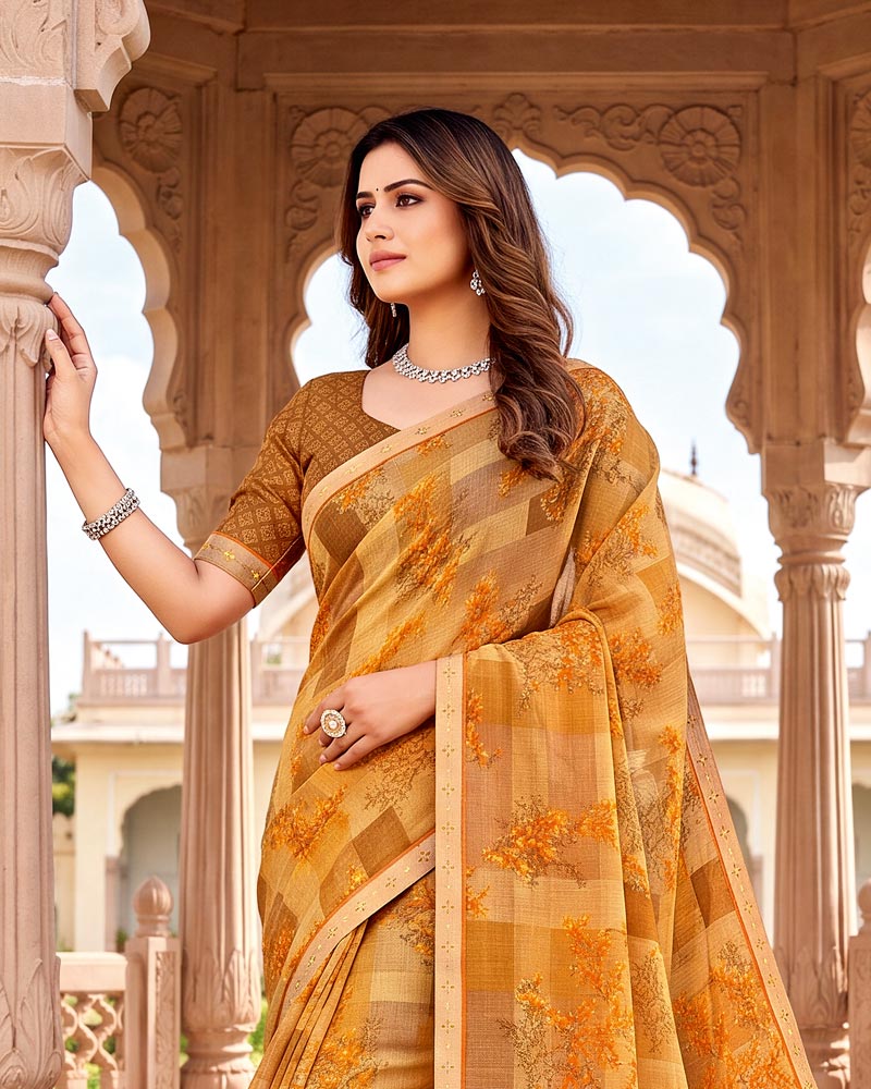 Vishal Prints Light Mustard Printed Fancy Chiffon Saree With Border