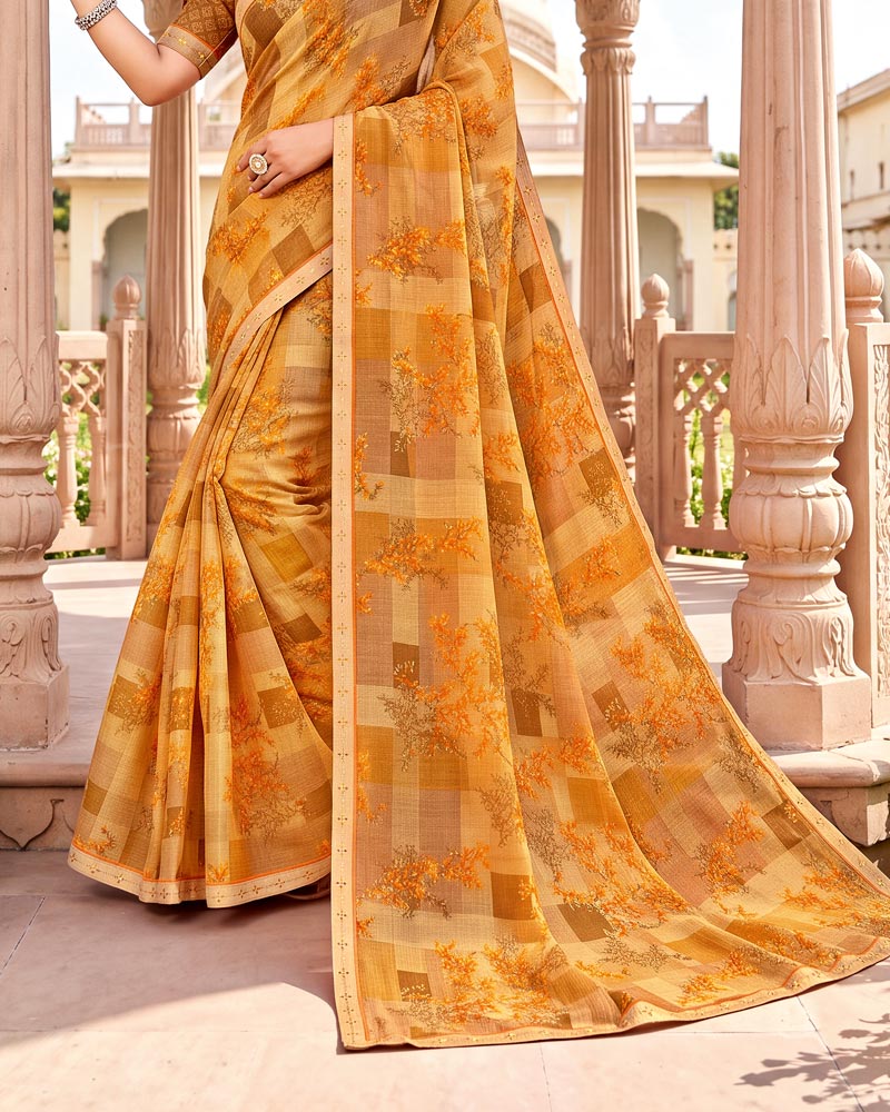 Vishal Prints Light Mustard Printed Fancy Chiffon Saree With Border