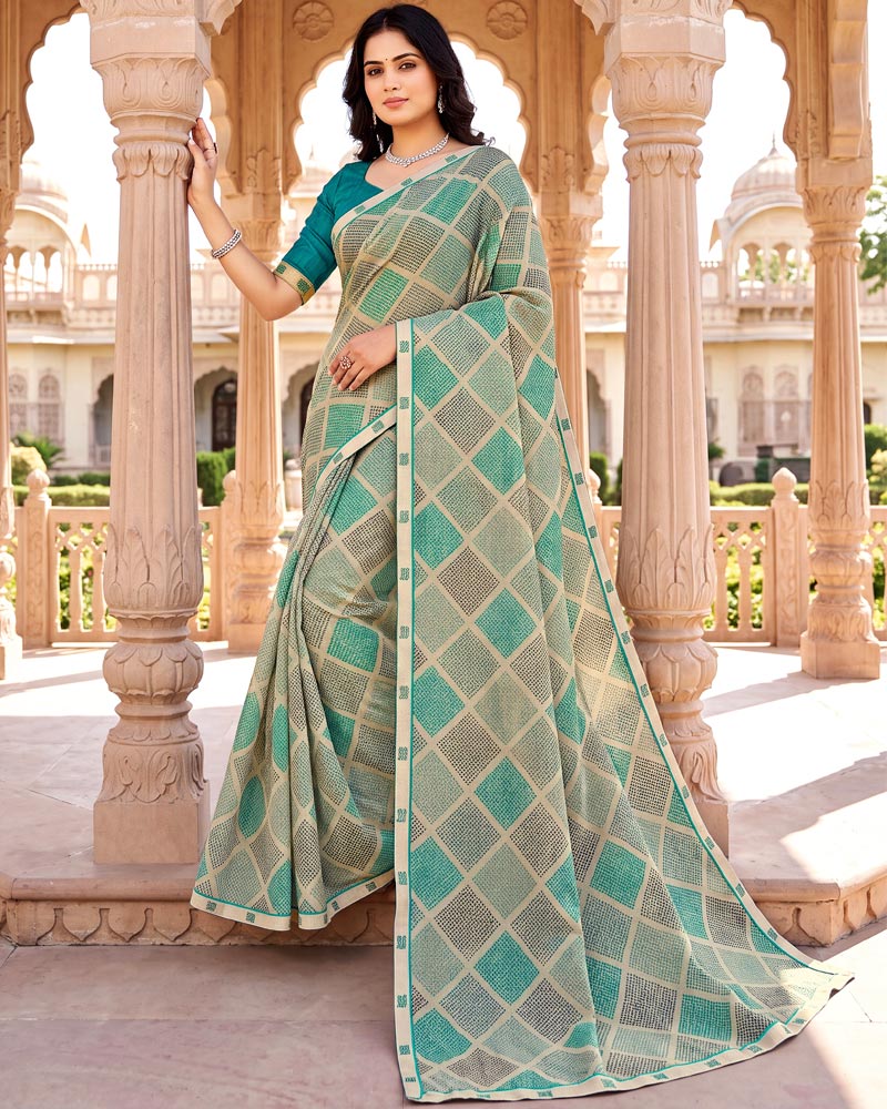 Vishal Prints Dusty Cream Green Printed Fancy Chiffon Saree With Border