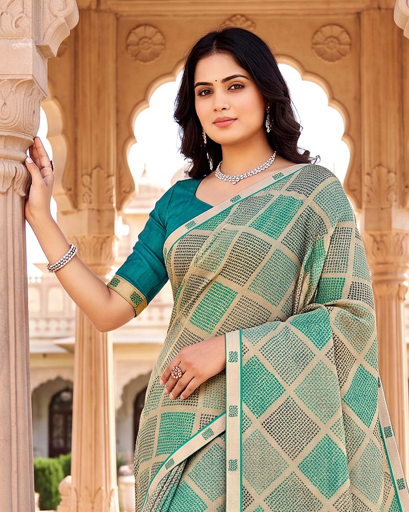 Vishal Prints Dusty Cream Green Printed Fancy Chiffon Saree With Border