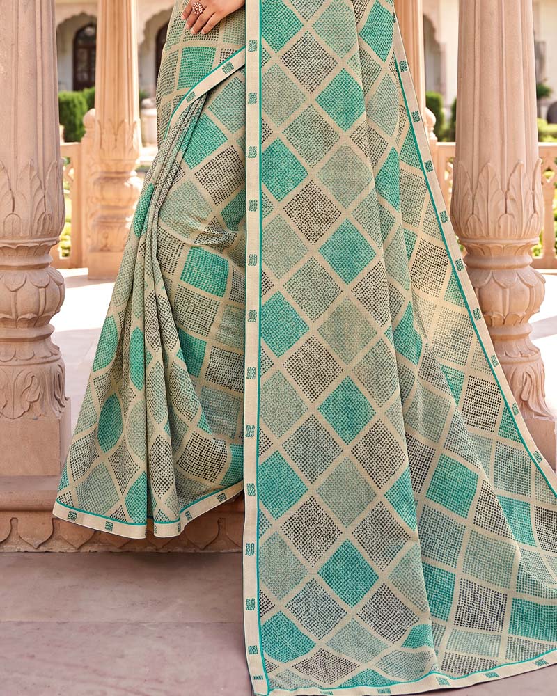 Vishal Prints Dusty Cream Green Printed Fancy Chiffon Saree With Border