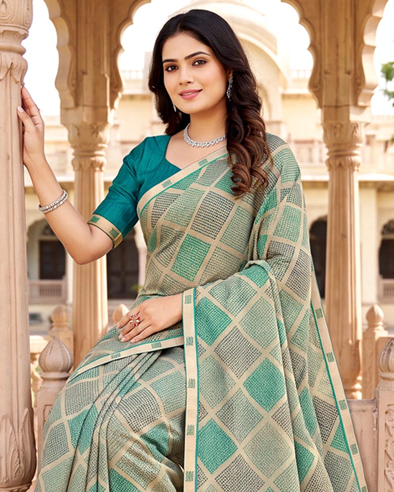 Vishal Prints Dusty Cream Green Printed Fancy Chiffon Saree With Border