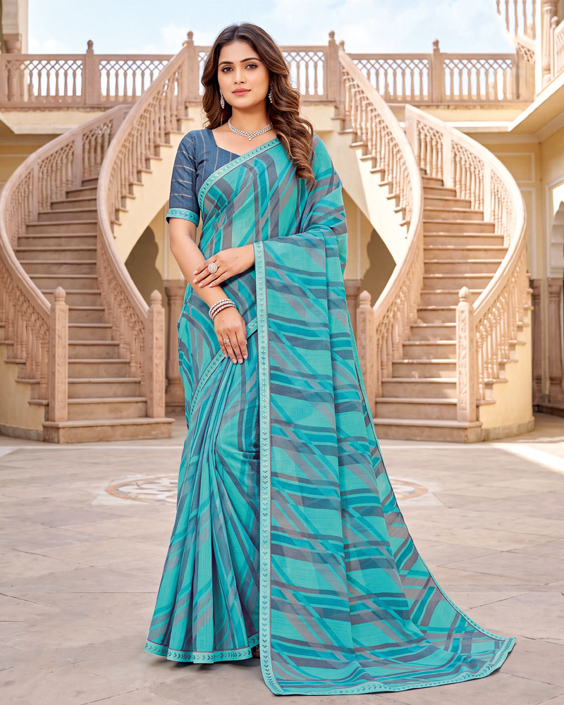 Vishal Prints Sky Blue Printed Fancy Chiffon Saree With Border