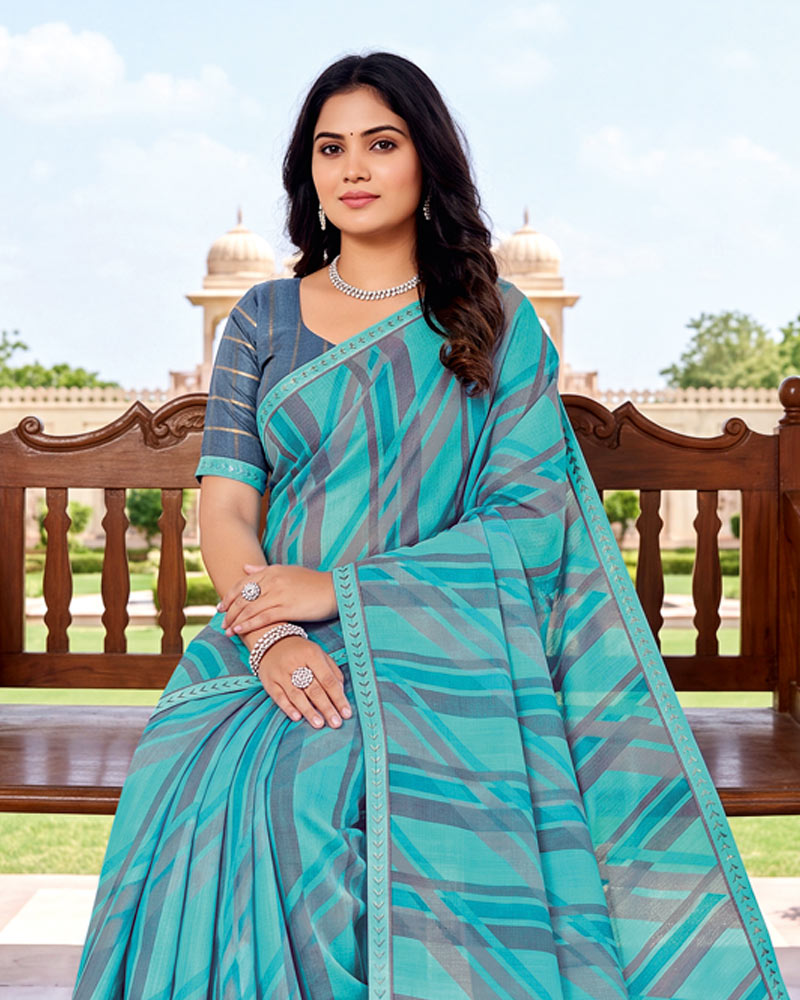 Vishal Prints Sky Blue Printed Fancy Chiffon Saree With Border