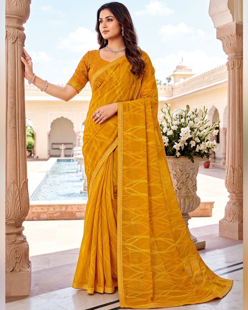 Vishal Prints Bright Mustard Printed Fancy Chiffon Saree With Border